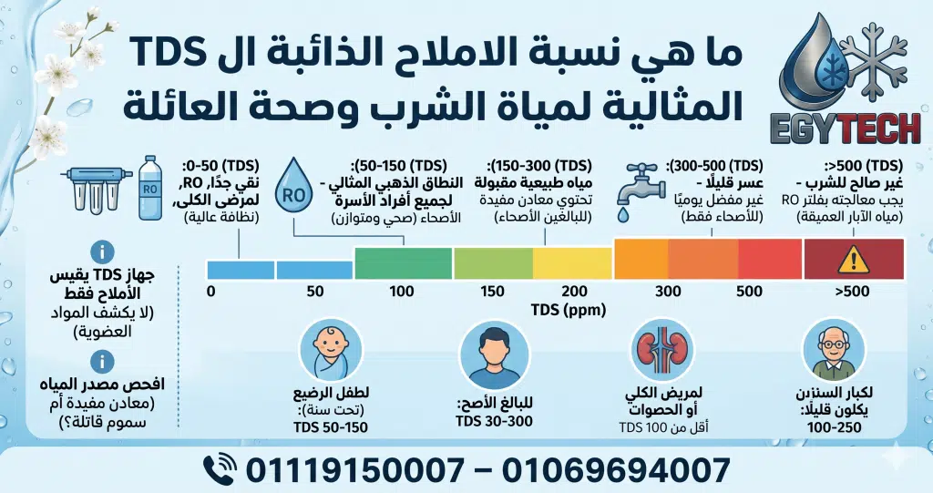 ما هى نسبة الاملاح الذائبة ال tds المثالية لمياة الشرب وصحة العائلة